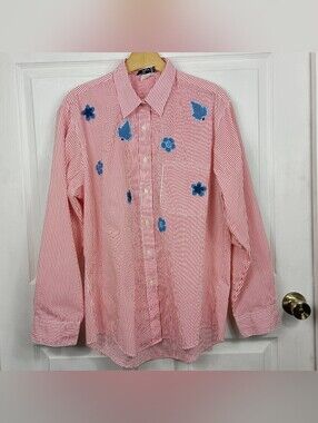 Marthas Vineyard Shirt Embroidered Striped LS Button Up Floral Leaf Vintage 90s